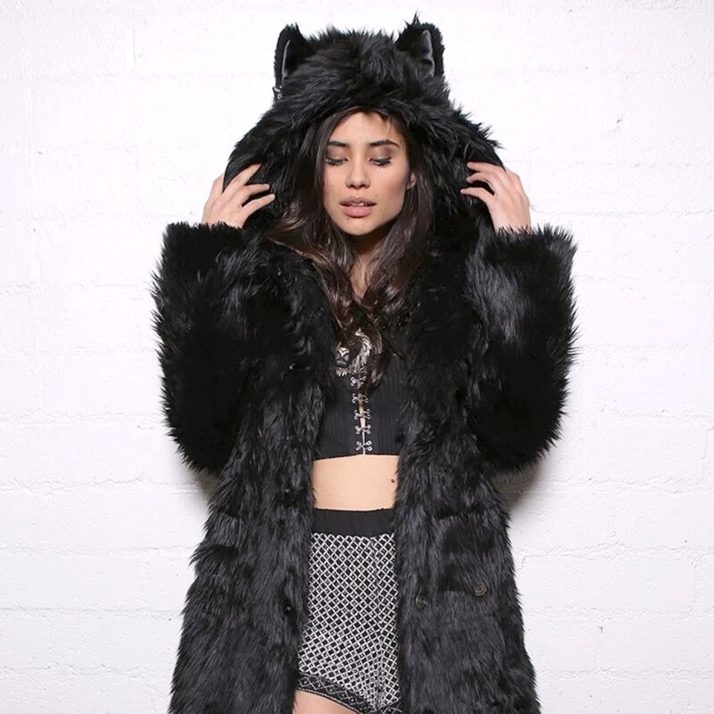 Black Wolf Faux Fur Rave or Festival Coat